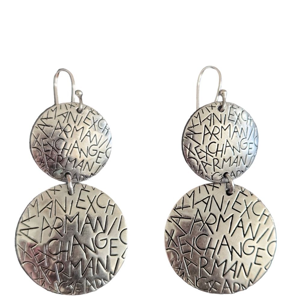 Vintage Silvertone Armani Exchange Allover Print Designer Logo Pierced Earrings